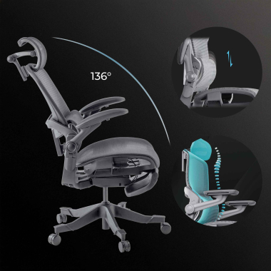 ergonomischer burostuhl schwarz erghos x1 netzstoff 3d verstellbare armlehnen doppelte lordosenstutze kopfstutze 4