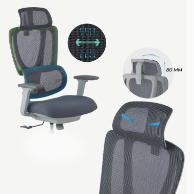 ergonomischer burostuhl weiss grau essenza netzstoff 3d verstellbare armlehnen doppelte lordosenstutze kopfstutze 7