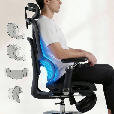 ergonomischer burostuhl schwarz sense ultra netzstoff 4d verstellbare armlehnen lordosenstutze kopfstutze ausziehbare fussstutze 4