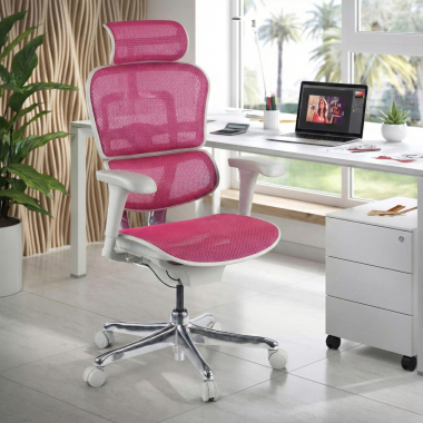 ergonomischer burostuhl weiss rosa weisse struktur netz netzstoff bewegliche armlehnen kopfstutze 2