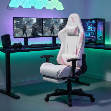 gaming stuhl weiss rosa epic kunstleder bewegliche armlehnen lumbal und nackenkissen kopfstutze ausziehbare fussstutze 2