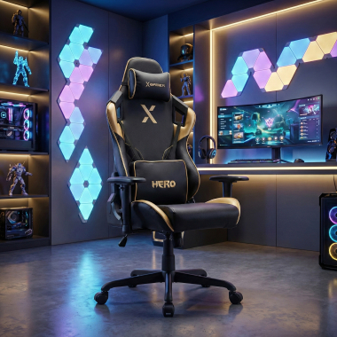 gaming stuhl gelb hero kunstleder bewegliche armlehnen lumbal und nackenkissen kopfstutze 2