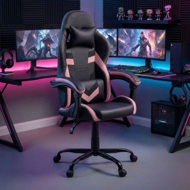 gaming stuhl rosa mist kunstleder hochklappbare armlehnen kopfstutzen kissen kopfstutze 2