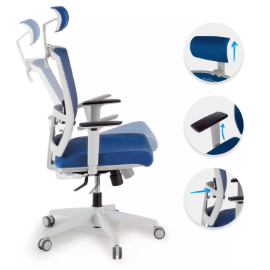 ergonomischer burostuhl weiss blau weisse struktur kopfstutze netzstoff 1d verstellbare armlehnen lordosenstutze kopfstutze 3