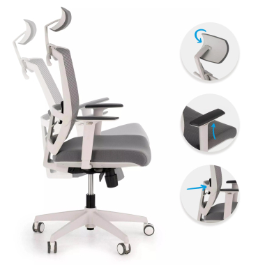 ergonomischer burostuhl weiss grau weisse struktur kopfstutze netzstoff 1d verstellbare armlehnen lordosenstutze kopfstutze 3