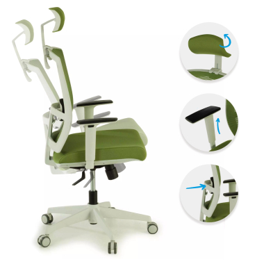 ergonomischer burostuhl weiss grun weisse struktur kopfstutze netzstoff 1d verstellbare armlehnen lordosenstutze kopfstutze 3