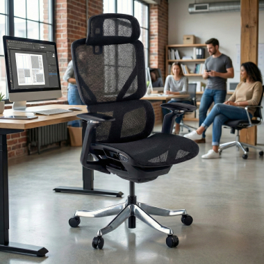 ergonomischer burostuhl schwarz aerofit schwarzes gestell netzstoff 4d verstellbare armlehnen doppelte lordosenstutze kopfstutze 2