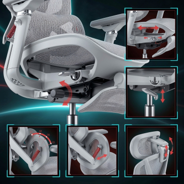 ergonomischer burostuhl weiss grau glide ultra netzstoff 5d verstellbare armlehnen lordosenstutze kopfstutze ausziehbare fussstutze 6