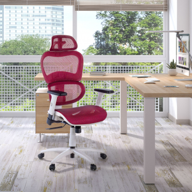 ergonomischer burostuhl weiss rot weisse struktur netzstoff 3d verstellbare armlehnen doppelte lordosenstutze kopfstutze 2