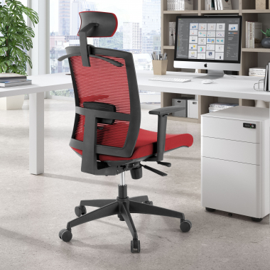 ergonomischer burostuhl rot schwarze struktur kopfstutze netzstoff 1d verstellbare armlehnen lordosenstutze kopfstutze 2