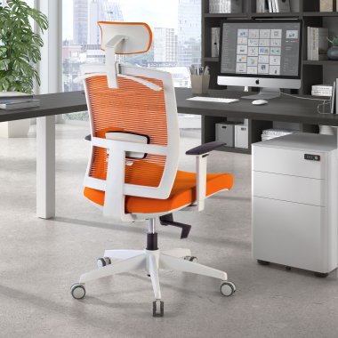 ergonomischer burostuhl weiss orange weisse struktur kopfstutze netzstoff 1d verstellbare armlehnen lordosenstutze kopfstutze 2