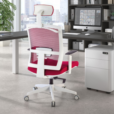 ergonomischer burostuhl weiss rot weisse struktur kopfstutze netzstoff 1d verstellbare armlehnen lordosenstutze kopfstutze 2