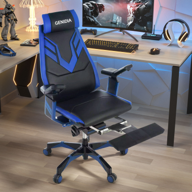 gaming stuhl blau genidia naturleder 5d verstellbare armlehnen lordosenstutze ausziehbare fussstutze 2