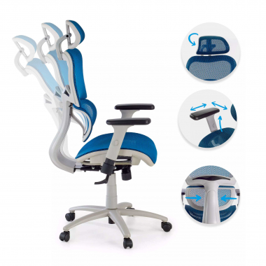 ergonomischer burostuhl weiss blau weisse struktur netzstoff 3d verstellbare armlehnen doppelte lordosenstutze kopfstutze 3