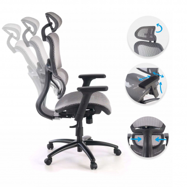 ergonomischer burostuhl grau schwarze struktur netzstoff 3d verstellbare armlehnen doppelte lordosenstutze kopfstutze 3