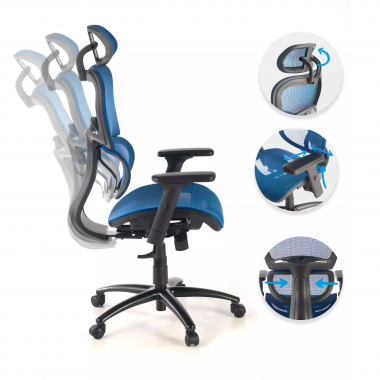 ergonomischer burostuhl blau schwarze struktur netzstoff 3d verstellbare armlehnen doppelte lordosenstutze kopfstutze 3