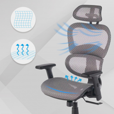 ergonomischer burostuhl grau schwarze struktur netzstoff 3d verstellbare armlehnen doppelte lordosenstutze kopfstutze 4