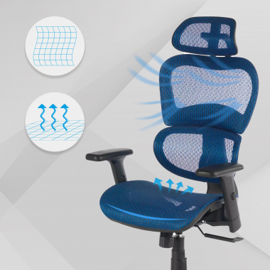 ergonomischer burostuhl blau schwarze struktur netzstoff 3d verstellbare armlehnen doppelte lordosenstutze kopfstutze 4