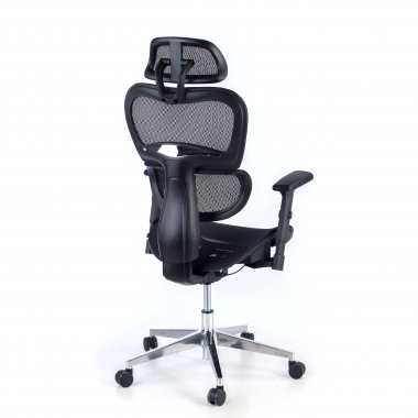 ergonomischer burostuhl schwarz schwarze struktur verchromter fuss netzstoff 3d verstellbare armlehnen doppelte lordosenstutze kopfstutze 7