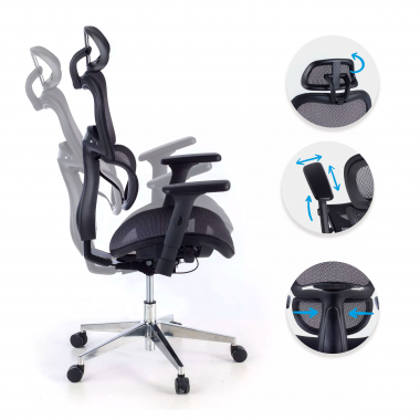 ergonomischer burostuhl schwarz schwarze struktur verchromter fuss netzstoff 3d verstellbare armlehnen doppelte lordosenstutze kopfstutze 3