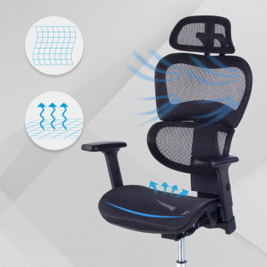 ergonomischer burostuhl schwarz schwarze struktur verchromter fuss netzstoff 3d verstellbare armlehnen doppelte lordosenstutze kopfstutze 4