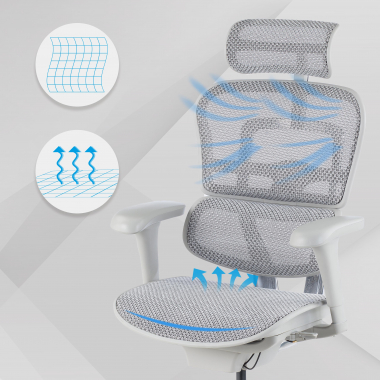ergonomischer burostuhl weiss grau weisse struktur netz netzstoff bewegliche armlehnen kopfstutze 4