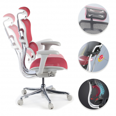 ergonomischer burostuhl weiss rot weisse struktur netz netzstoff bewegliche armlehnen kopfstutze 3