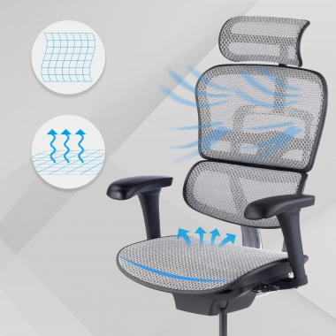 ergonomischer burostuhl grau schwarzes gestell netz netzstoff bewegliche armlehnen kopfstutze 4
