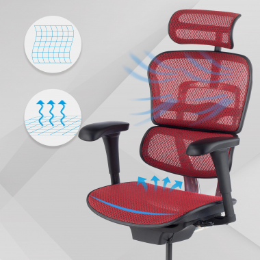 ergonomischer burostuhl rot schwarzes gestell netz netzstoff bewegliche armlehnen kopfstutze 4
