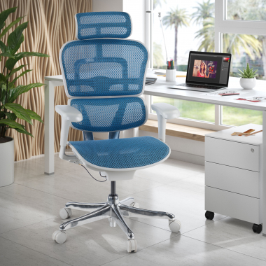 ergonomischer burostuhl weiss blau weisse struktur netz netzstoff bewegliche armlehnen kopfstutze 2