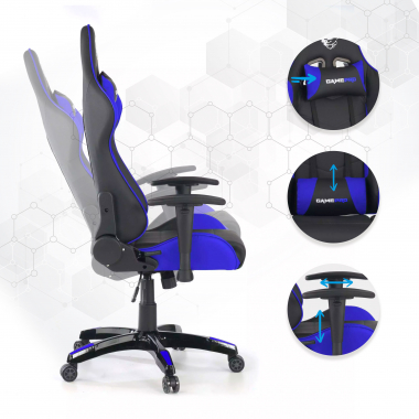 gaming stuhl blau game pro kunstleder bewegliche armlehnen lumbal und nackenkissen kopfstutze 3
