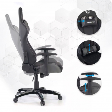 gaming stuhl grau game pro kunstleder bewegliche armlehnen lumbal und nackenkissen kopfstutze 3