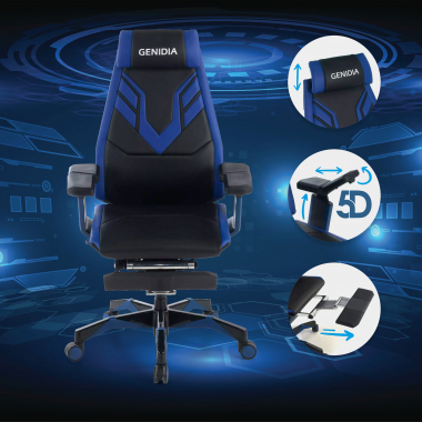 gaming stuhl blau genidia naturleder 5d verstellbare armlehnen lordosenstutze ausziehbare fussstutze 3