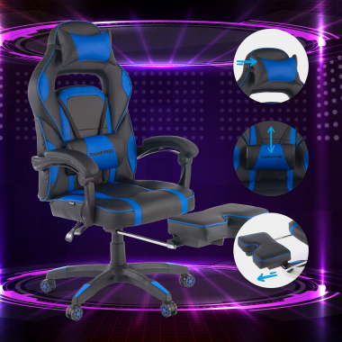 gaming stuhl blau logan kunstleder bewegliche armlehnen lumbal und nackenkissen kopfstutze ausziehbare fussstutze 3