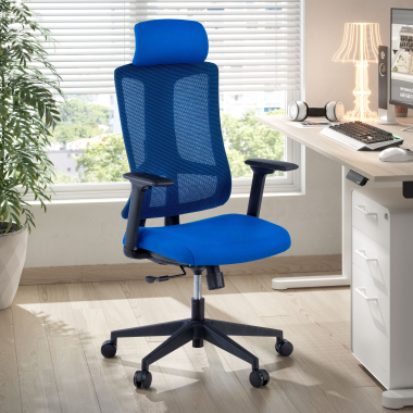 ergonomischer burostuhl blau schwarzes gestell netzstoff 3d verstellbare armlehnen lordosenstutze kopfstutze 2