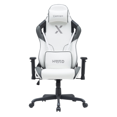 gaming stuhl weiss grau hero kunstleder bewegliche armlehnen lumbal und nackenkissen kopfstutze 3