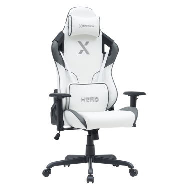 gaming stuhl weiss grau hero kunstleder bewegliche armlehnen lumbal und nackenkissen kopfstutze 1